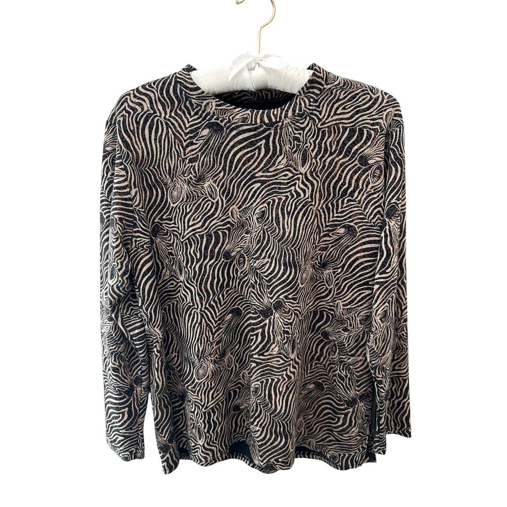 Zebra Print Long Sleeve Mock Neck Knit Top Black Beige | Medium